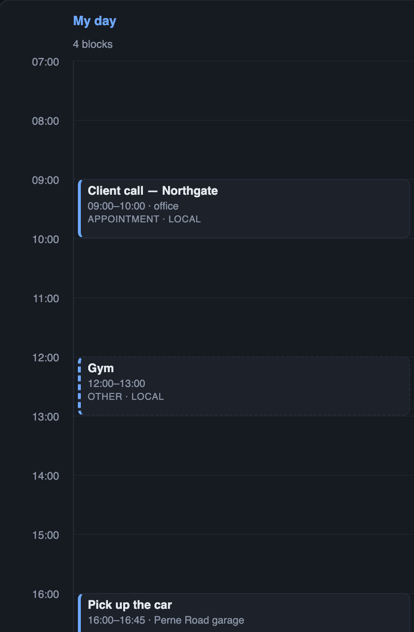 Sam's planner: his day as a single column of time blocks — a client call, the gym, picking up the car.