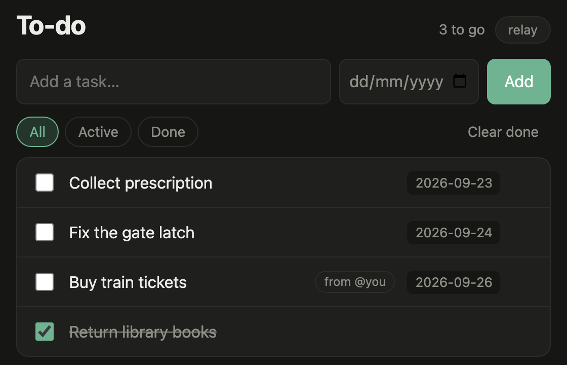 Dad's to-do list: his own tasks plus 'Buy train tickets', tagged 'from @you', with the same due date.